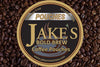 Jake's Bold Brew Coffee Pouches product label on a coffee bean background, promoting a tobacco-free and nicotine-free alternative.