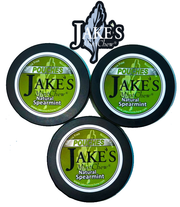 Three tins of Jake's Mint Chew Natural Spearmint Pouches, tobacco-free and nicotine-free dip, displayed with the Jake's Mint Chew logo.