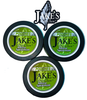 Three tins of Jake's Mint Chew Natural Spearmint Pouches, tobacco-free and nicotine-free dip, displayed with the Jake's Mint Chew logo.