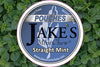 Jake's Mint Chew Straight Mint Pouches product label against a background of fresh mint leaves, highlighting a chewing tobacco alternative.