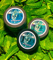 Jake's Mint Chew Wintergreen Pouches - Tobacco-Free and Nicotine-Free Chew Alternative with Fresh Mint Leaves Background