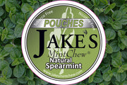 Jake's Mint Chew Natural Spearmint Pouches – tobacco-free and nicotine-free alternative for quitting chewing tobacco, shown with fresh mint leaves in the background.